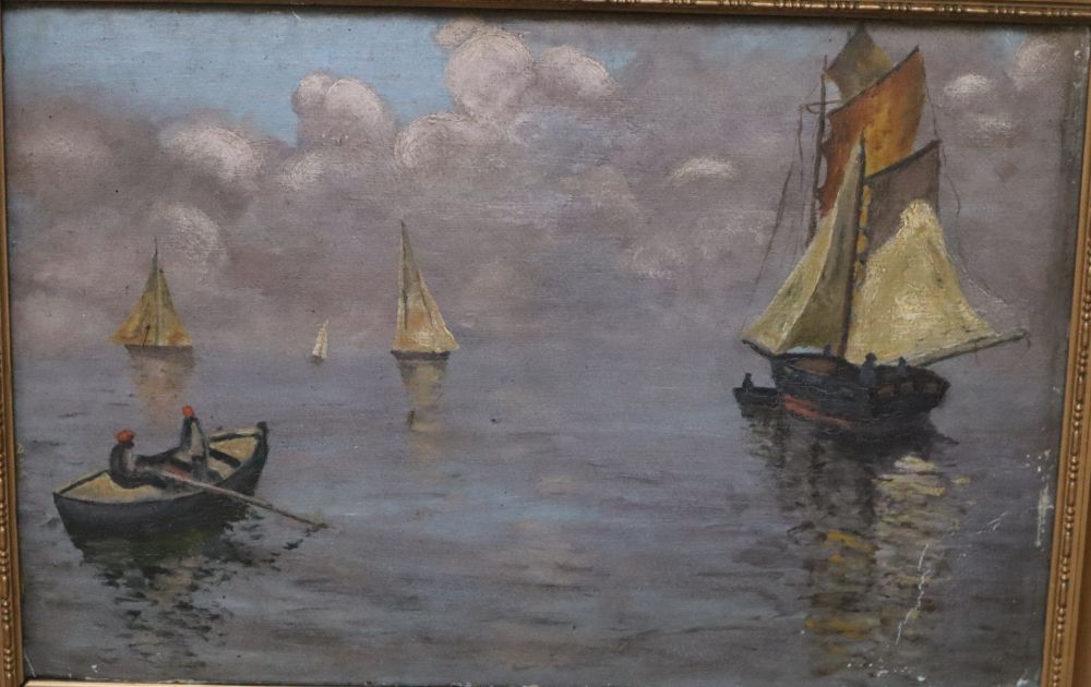French School, oil on card, Boats on a calm sea, 23 x 35cm